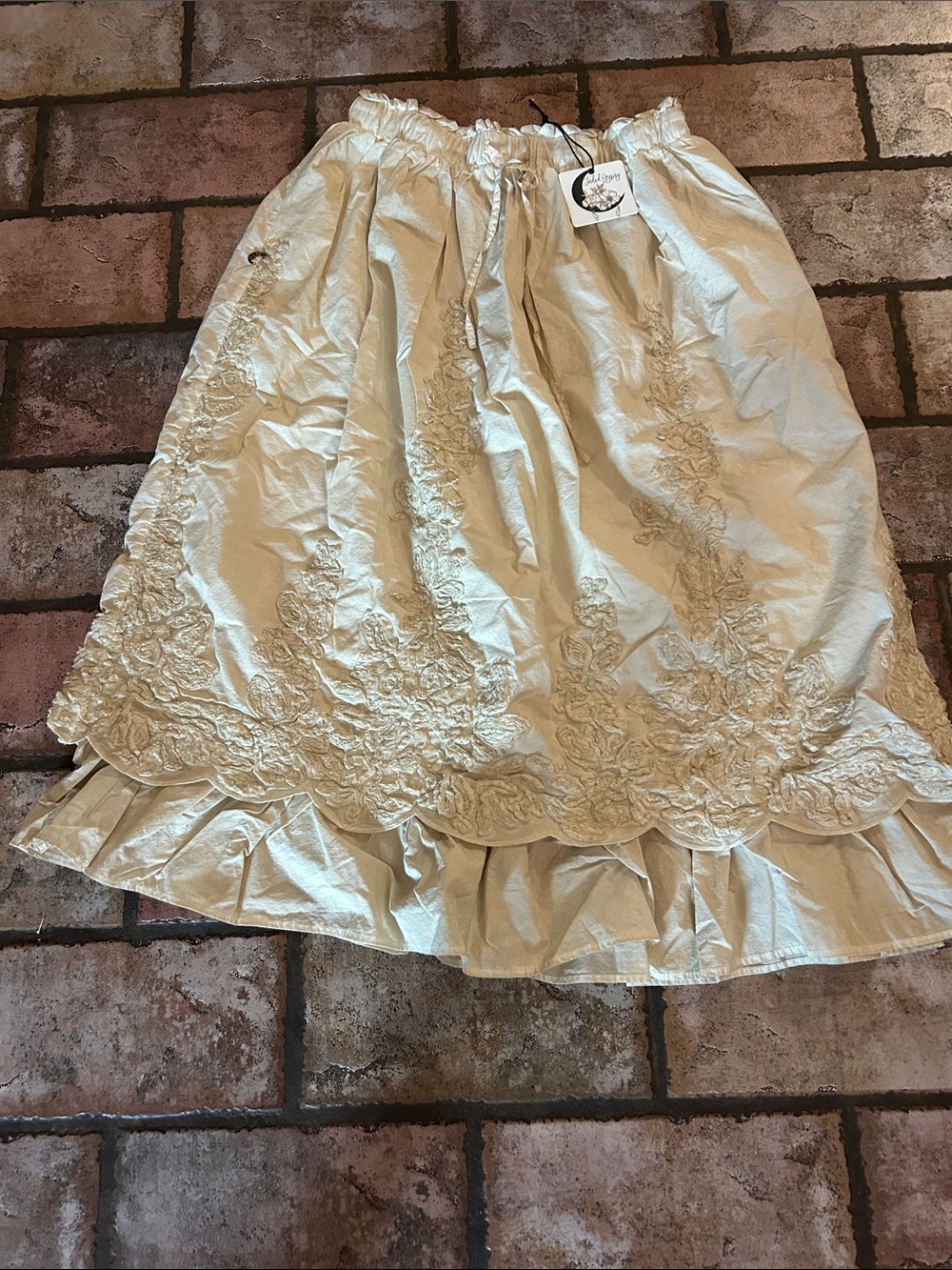 Cream Embroidered Ruffle-Hem Midi Skirt